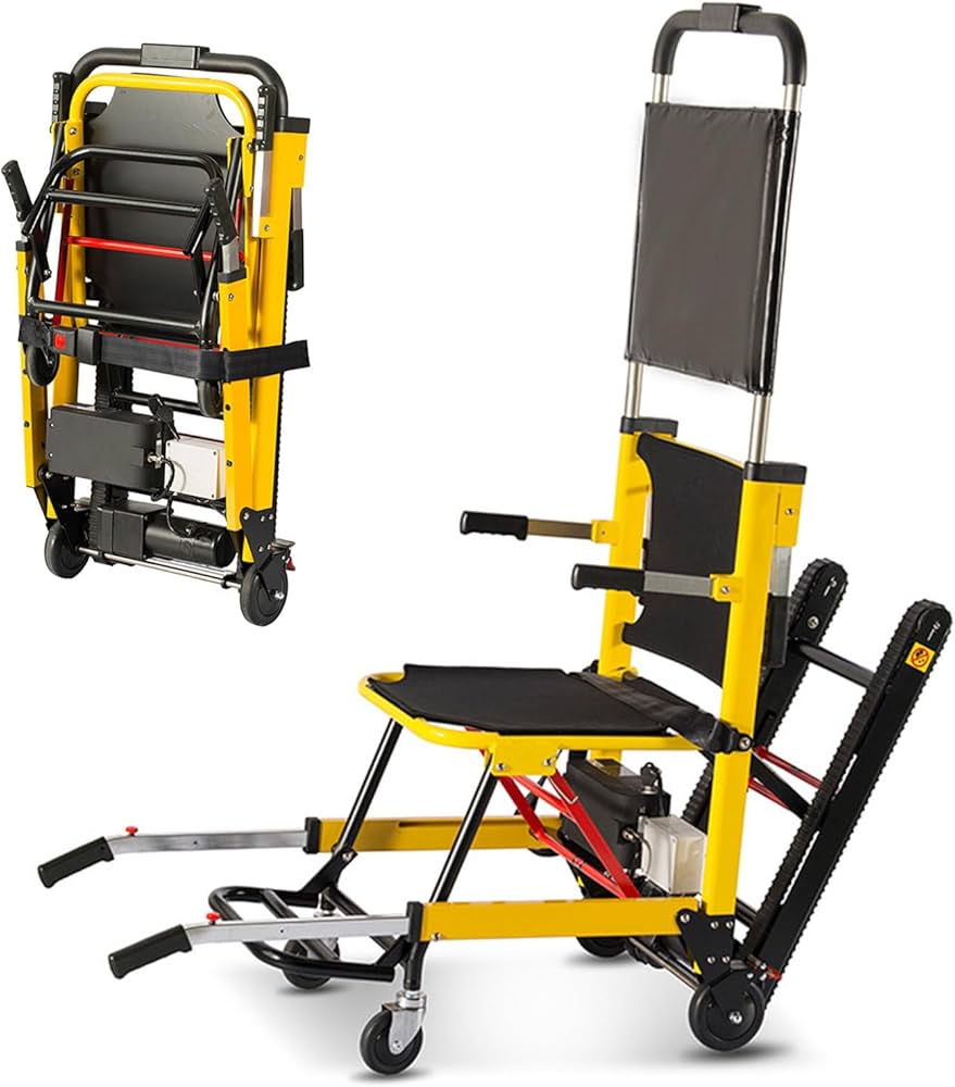 Chaise monte‑escaliers électrique SW01 à chenilles, utilisée pour transporter en sécurité une personne à mobilité réduite dans les escaliers.