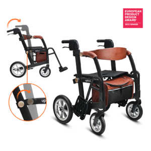 Rollator Glide 2‑en‑1 en position alternative, montrant siège et repose‑pieds