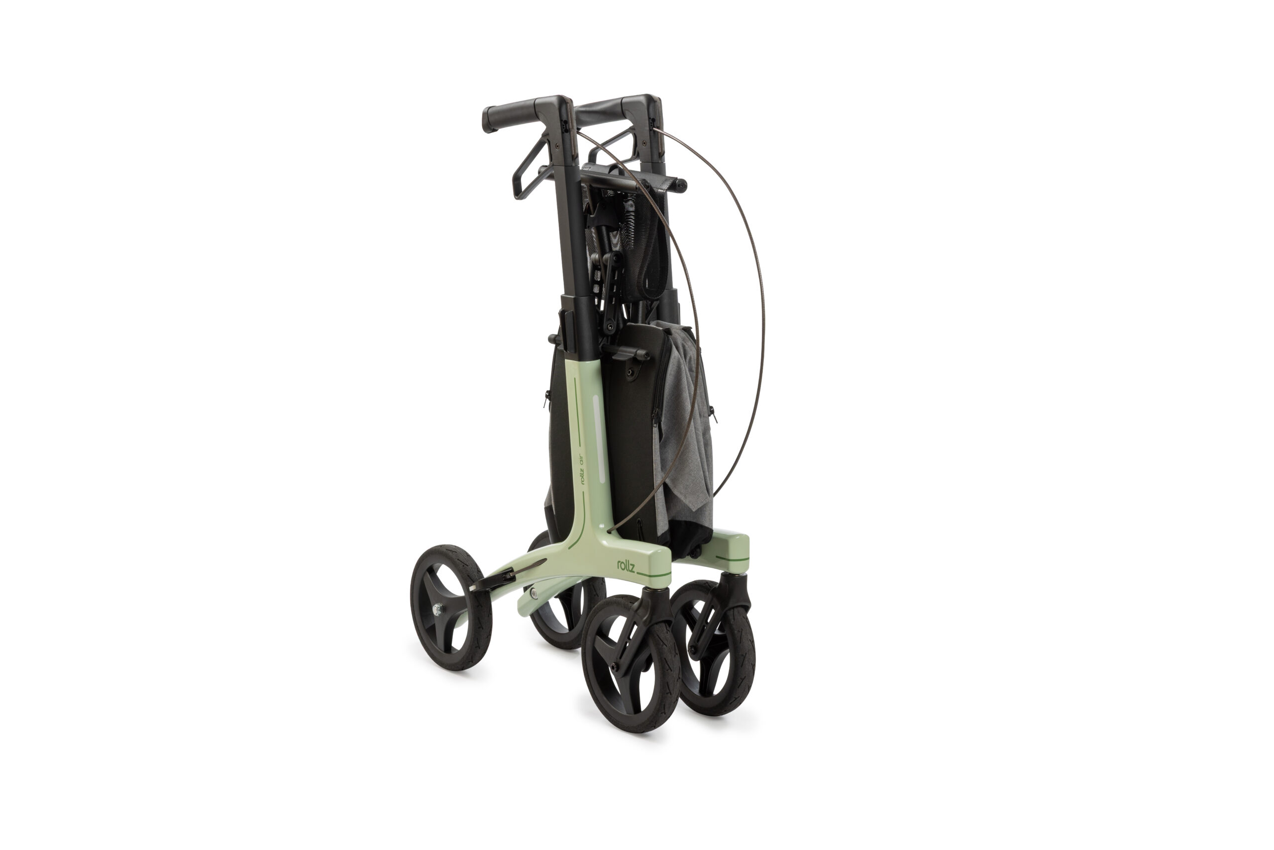 Rollator Rollz Air MOBIO plié, format compact en carbone ultraléger, facile à transporter et à ranger.